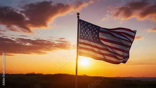 A USA flag waving proudly in the wind with a sunset background Ai Generated