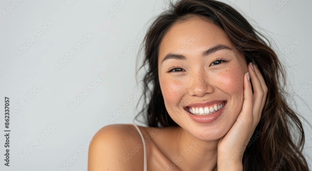 A beautiful Asian woman, with a happy and cheerful demeanor, touches her soft cheek, revealing her clean and fresh skin. Isolated against a white background. A beautiful Asian woman, with a happy and cheerful demeanor, touches her soft cheek, revealing her clean and fresh skin. Isolated against a white background.