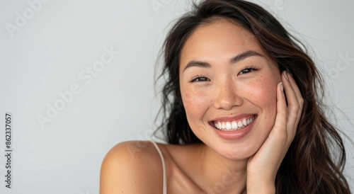 A beautiful Asian woman, with a happy and cheerful demeanor, touches her soft cheek, revealing her clean and fresh skin. Isolated against a white background.