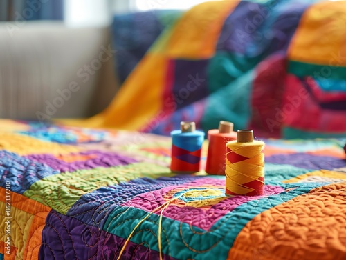 Colorful quilt with spools of thread in a cozy home setting, highlighting vibrant fabric and sewing craft materials. photo