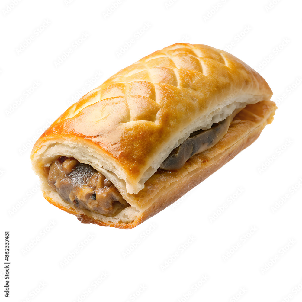 Freshly baked meat pastry with golden brown crust, filled with savory filling, isolated on white background, delicious treat. Freshly baked meat pastry with golden brown crust, filled with savory filling, isolated on white background, delicious treat.