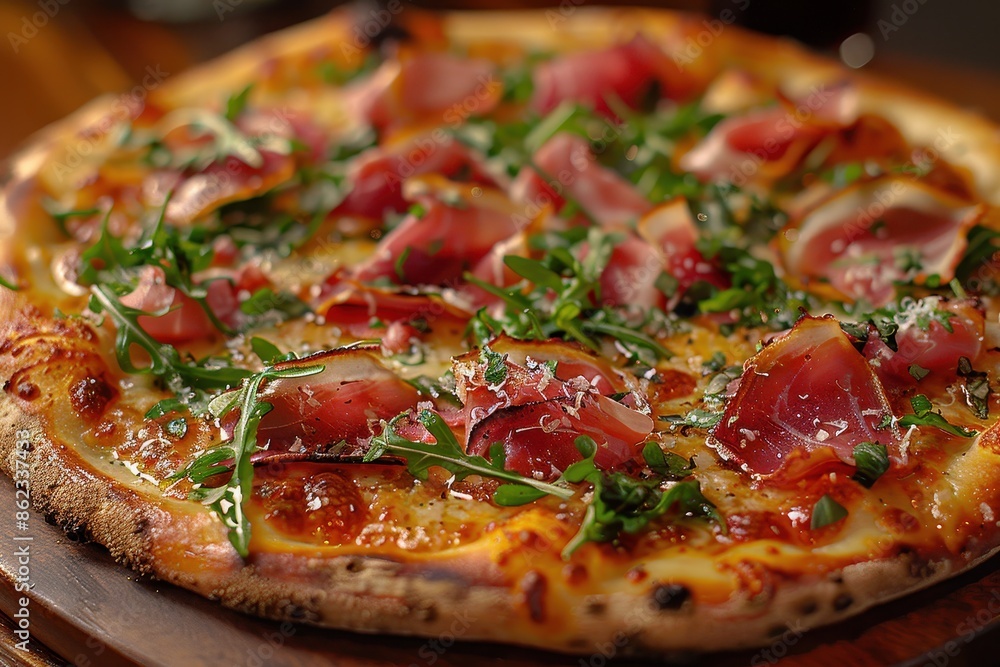 A gourmet pizza topped with prosciutto, arugula, shaved Parmesan, and truffle oil. A gourmet pizza topped with prosciutto, arugula, shaved Parmesan, and truffle oil.