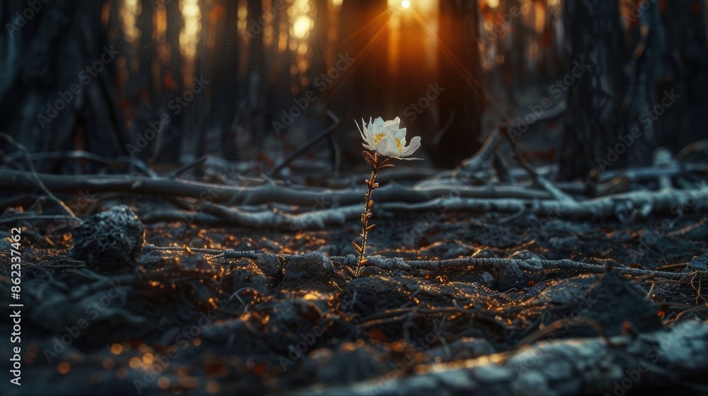 Single white flower blooming amidst a dark forest, showcasing resilience and beauty in nature at sunset.