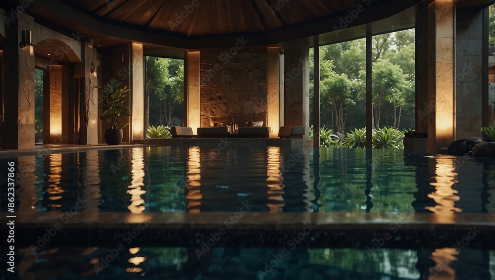 A luxurious spa pool in an architectural masterpiece, blending tradition with modern relaxation and beauty. A luxurious spa pool in an architectural masterpiece, blending tradition with modern relaxation and beauty.