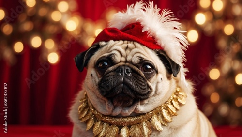 A pug dog in a golden cap and white feather boa on a red background Congratulations on the holiday. © DEER FLUFFY