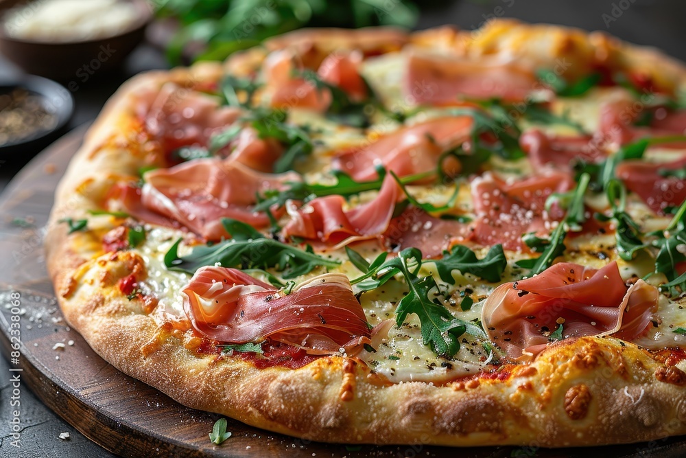 A gourmet pizza topped with prosciutto, arugula, shaved Parmesan, and truffle oil. A gourmet pizza topped with prosciutto, arugula, shaved Parmesan, and truffle oil.