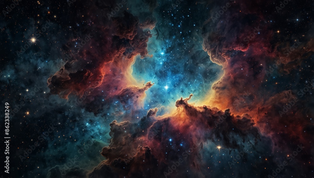 Fototapeta premium A close-up of a colorful nebula surrounded by sparkling stars, showcasing the beauty of the cosmos.