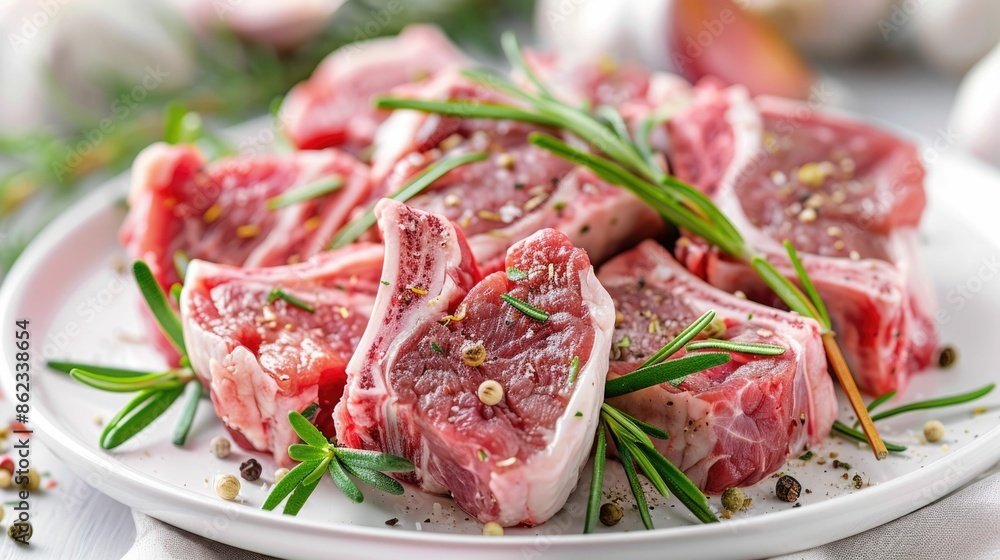 Closeup of raw flavorful lamb cuts seasoned with fresh rosemary and garlic arranged on a wooden table surface This savory and appetizing dish showcases the natural textures and aromas of ingredients Closeup of raw flavorful lamb cuts seasoned with fresh rosemary and garlic arranged on a wooden table surface This savory and appetizing dish showcases the natural textures and aromas of ingredients