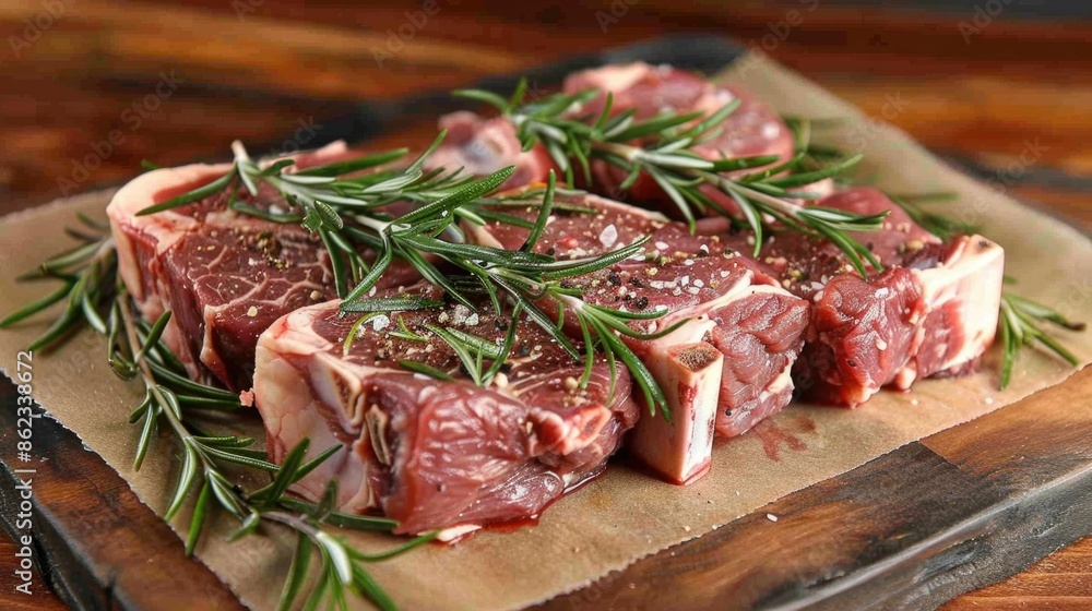 Closeup of raw premium lamb cuts artfully arranged on a rustic wooden cutting board accented with fresh green rosemary sprigs This image evokes the aromas and flavors of cuisine Closeup of raw premium lamb cuts artfully arranged on a rustic wooden cutting board accented with fresh green rosemary sprigs This image evokes the aromas and flavors of cuisine