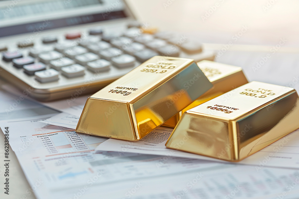 Three gold bars on financial documents with a calculator in the background suggesting investment or wealth concept Three gold bars on financial documents with a calculator in the background suggesting investment or wealth concept