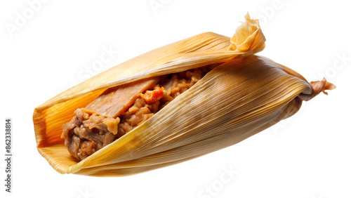 Steamed tamale with filling, wrapped in corn husk, isolated on white background. Traditional Mexican cuisine, authentic and delicious delight. photo