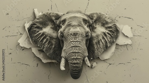 Fototapeta Naklejka Na Ścianę i Meble -  Stunning Elephant Head Breaking Through Wall - 3D Art Illustration of Majestic Wildlife