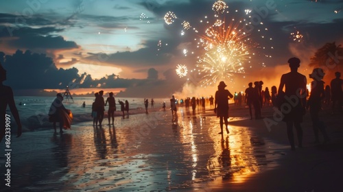 Beach partypeople celebrating 4th of July onsunny day.