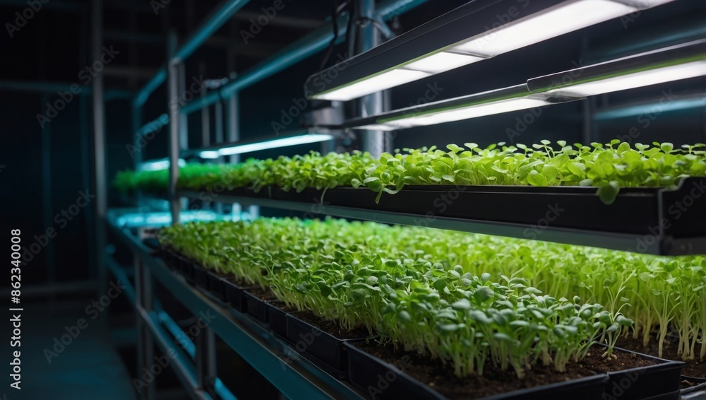 Close up shelves with salad, greens and young microgreens in pots under LED lamps on hydroponic vertical farms Concept of agriculture business of future. Close up shelves with salad, greens and young microgreens in pots under LED lamps on hydroponic vertical farms Concept of agriculture business of future.