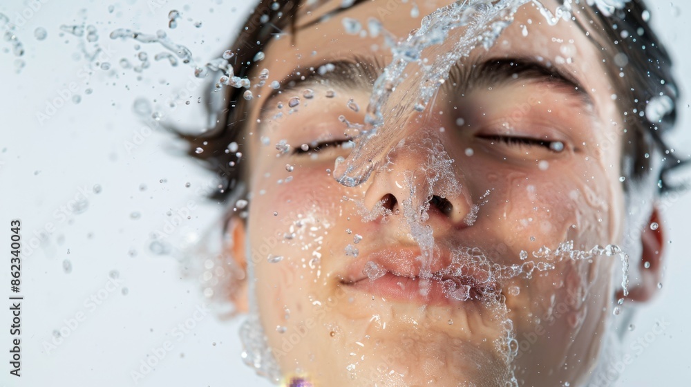 splashing water on their face in the bathroom. cosmetic ads concept. splashing water on their face in the bathroom. cosmetic ads concept.