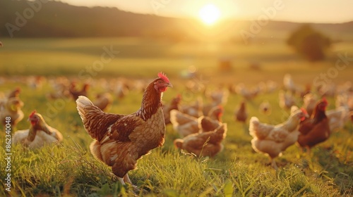 Organic chicken farm with free range chickens grazing in a lush green meadow during a picturesque golden hour sunset in the beautiful countryside landscape