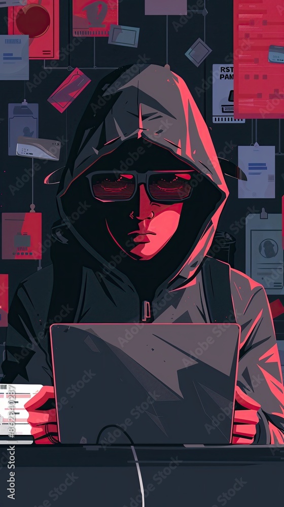 Mysterious Hooded Figure Using Laptop in Dark Room with Suspended ID ...