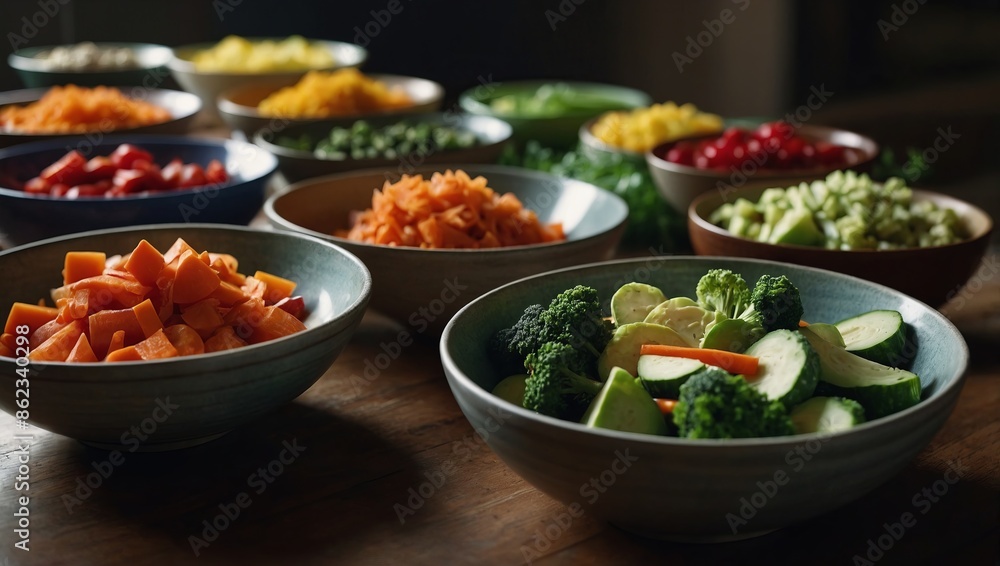 Array of Bowls Filled With Various Vegetables. Array of Bowls Filled With Various Vegetables.