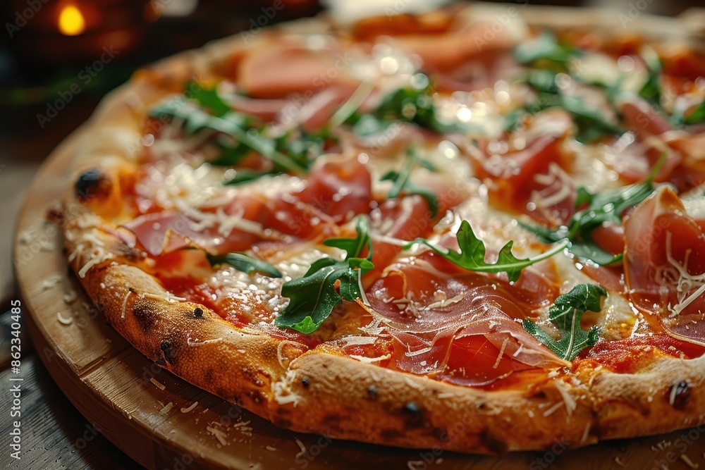 A gourmet pizza topped with prosciutto, arugula, shaved Parmesan, and truffle oil. A gourmet pizza topped with prosciutto, arugula, shaved Parmesan, and truffle oil.