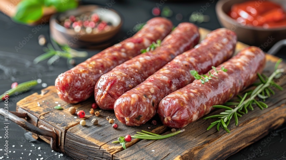 Savory Pork Sausages Arranged on Rustic Wooden Board with Fresh Herbs and Spices Showcasing Delicious Homemade Cuisine Savory Pork Sausages Arranged on Rustic Wooden Board with Fresh Herbs and Spices Showcasing Delicious Homemade Cuisine