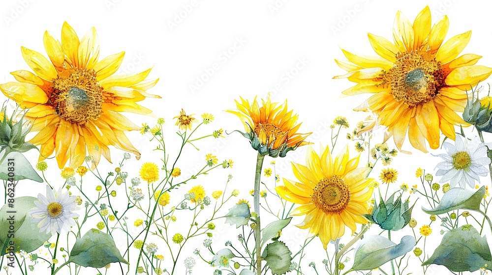 Beautiful Watercolor Sunflowers and Wildflowers on White Background - Vibrant Floral Illustration Beautiful Watercolor Sunflowers and Wildflowers on White Background - Vibrant Floral Illustration