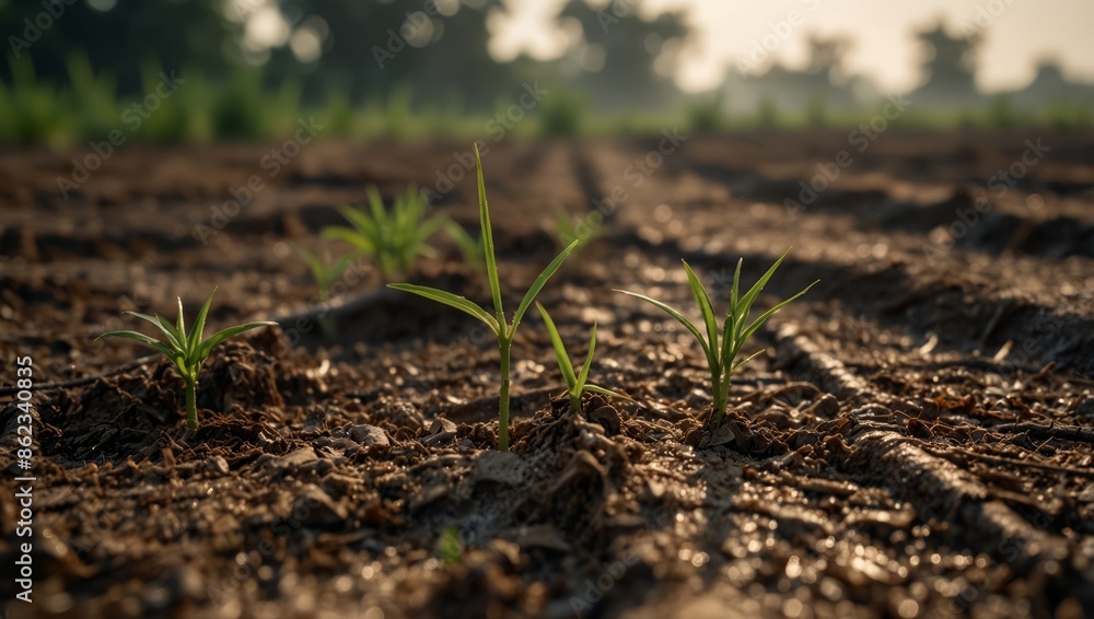 Deforestation and global warming cause drought and cracks in soil, harming rice crops while plants struggle to survive. Deforestation and global warming cause drought and cracks in soil, harming rice crops while plants struggle to survive.