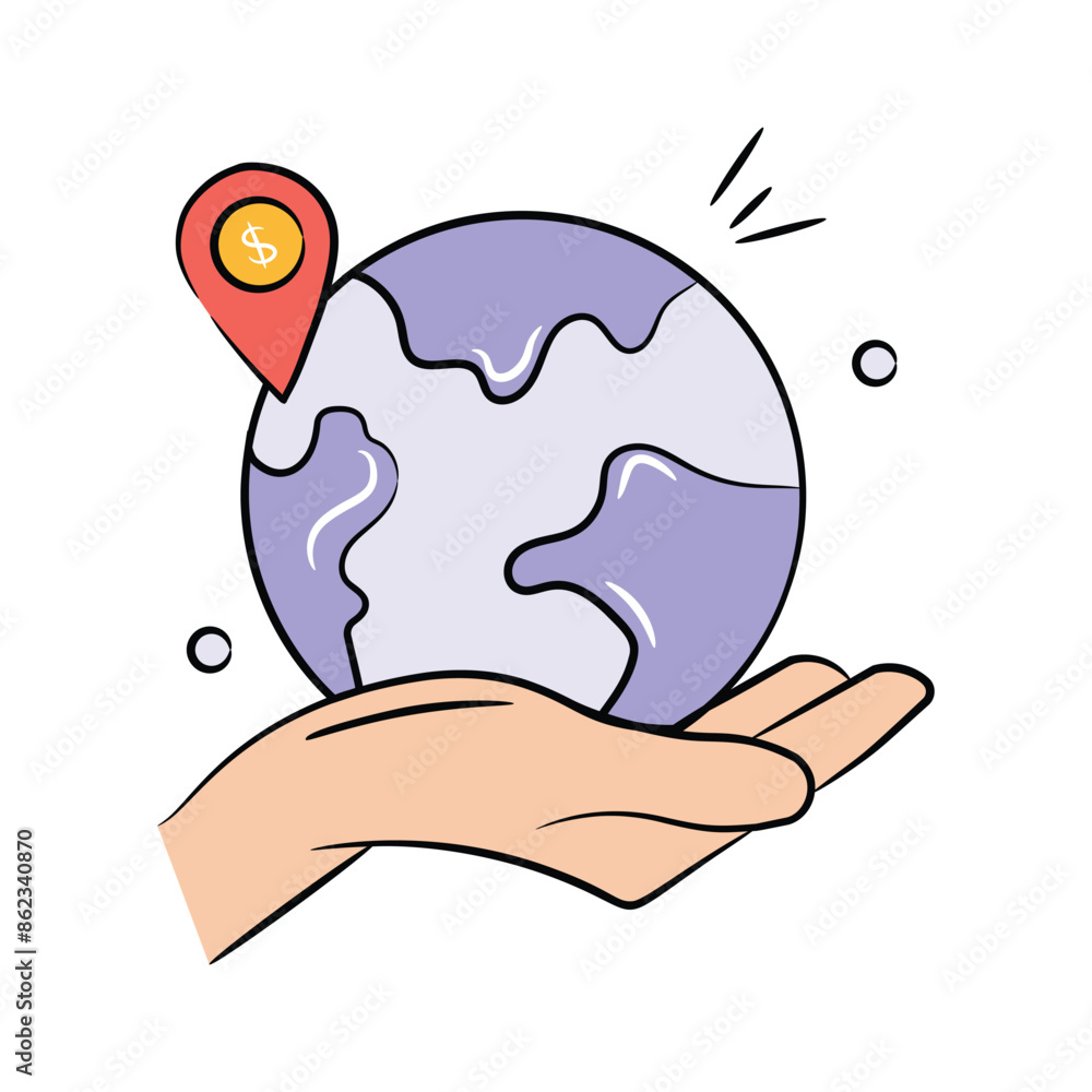 World globe on hand with placeholder denoting concept icon of business location World globe on hand with placeholder denoting concept icon of business location