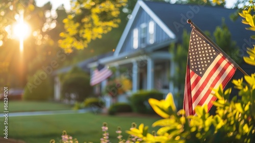 Blurry Sunny View of American Flag on Residential House Representing Patriotic Pride photo