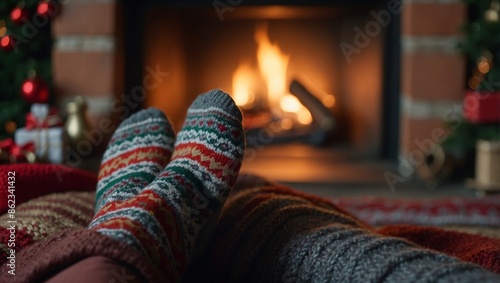 Feet in woollen socks by the Christmas fireplace Woman relaxes by warm fire and warming up her feet in woollen socks Close up on feet Winter and Christmas holidays concept. photo