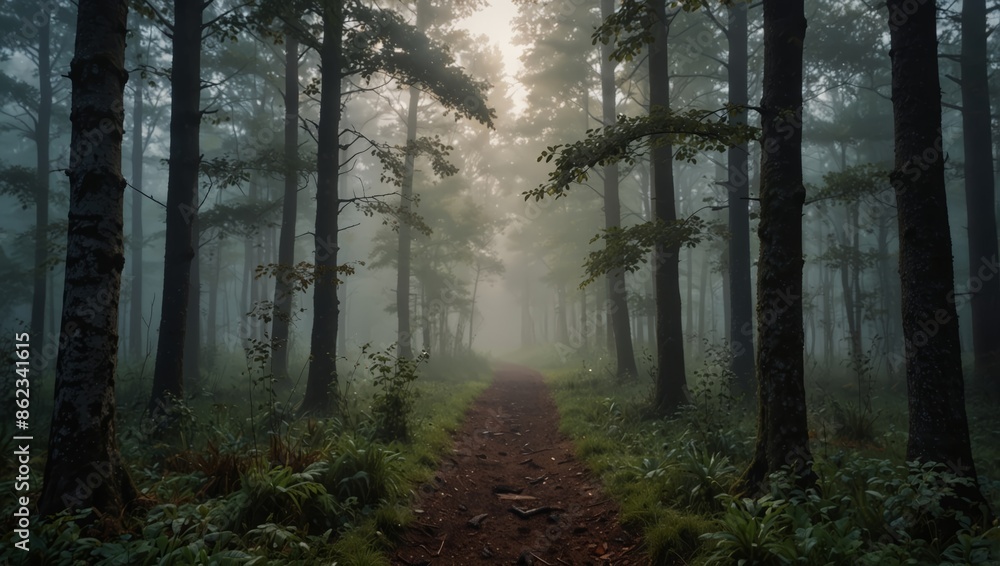 Naklejka premium The beauty of the forest during the morning fog.