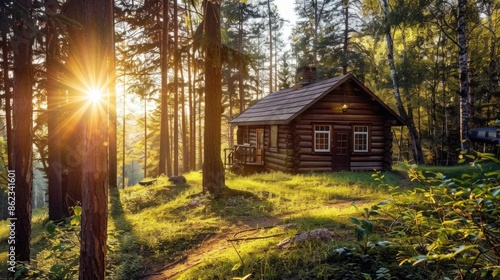 a cozy sunset view casting long shadows in a forest with trees and a wooden log cabin house