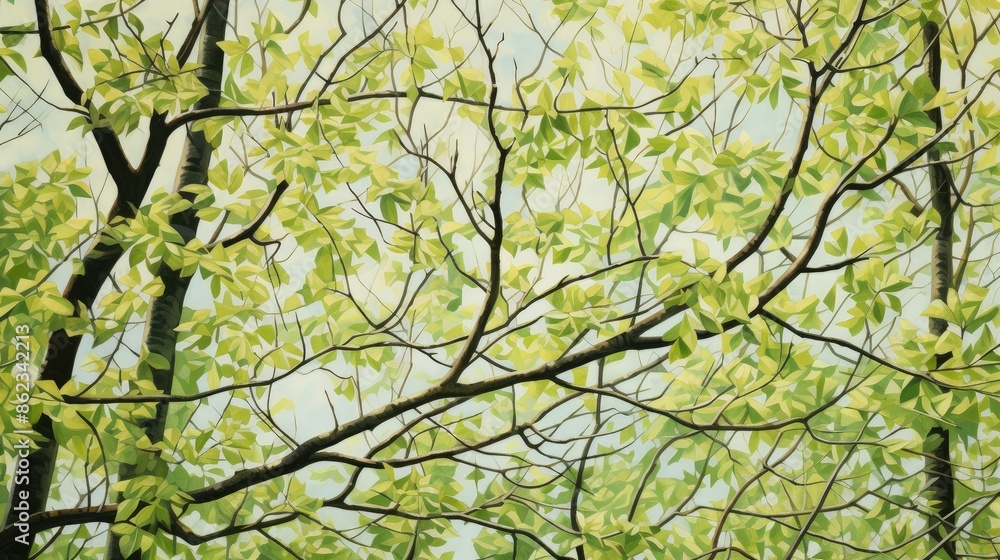Fresh green leaves budding on tree branches Fresh green leaves budding on tree branches