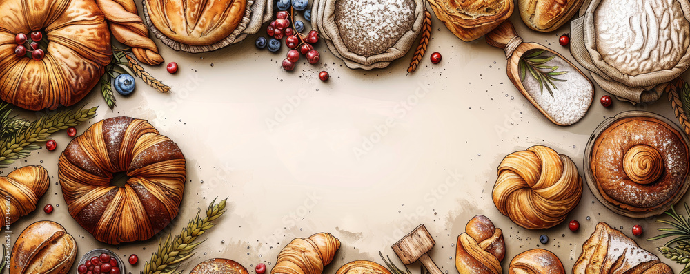 A variety of freshly baked pastries and bread rolls with berries on a light background. A variety of freshly baked pastries and bread rolls with berries on a light background.