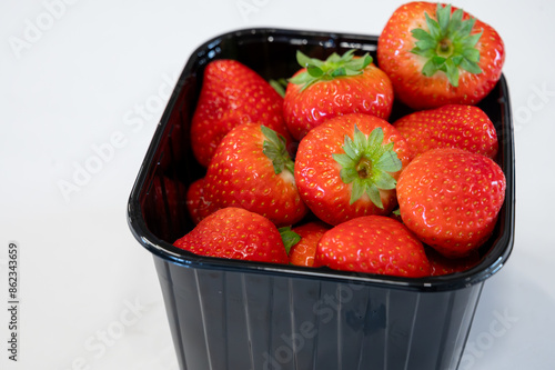 New spring harvest, one box of ripe Dutch red sweet strawberry on farmer market in the Netherlands