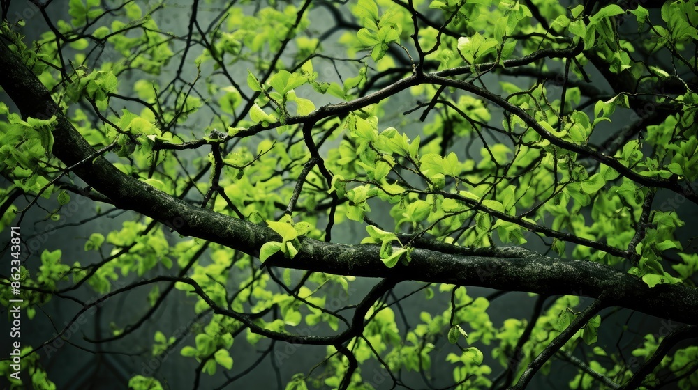 Fresh green leaves budding on tree branches Fresh green leaves budding on tree branches