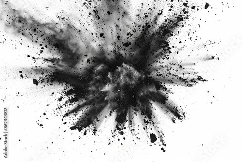 An intricate pattern of black chalk dust particles suspended in mid-explosion, vividly detailed on white.