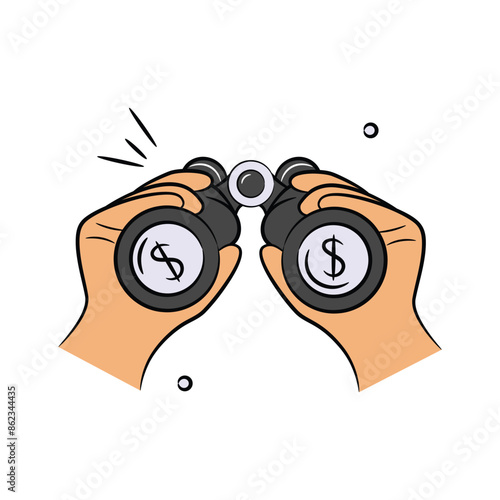 Binoculars in hand with dollar signs showing predictive analysis concept vector
