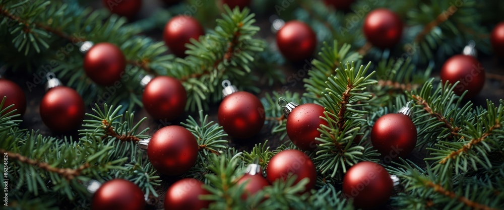 Christmas or Happy New Year composition made of fir tree branches, candy and red holiday decorations. Christmas or Happy New Year composition made of fir tree branches, candy and red holiday decorations.