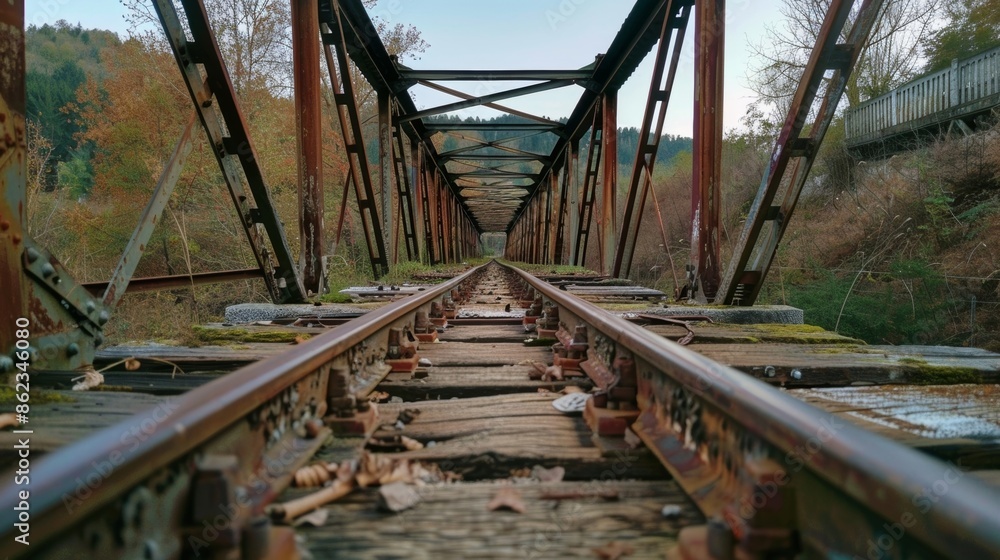 The old wooden beams of the rail bridge add a charming touch to the peaceful landscape. The old wooden beams of the rail bridge add a charming touch to the peaceful landscape.