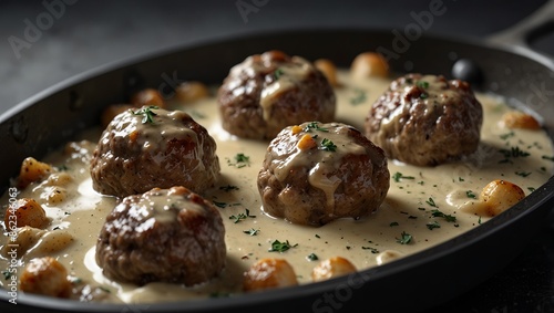 Wallpaper Mural Swedish Meatballs with Cream Sauce in a skillet, Gray background. Torontodigital.ca