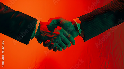 Two business people shaking hands in a formal agreement. Professional handshake with a red and green gradient background. photo