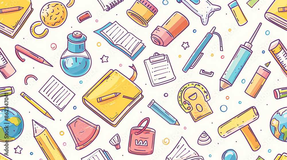 Cute school items and tools fill this seamless vector background. It's perfect for any school-related project! Cute school items and tools fill this seamless vector background. It's perfect for any school-related project!