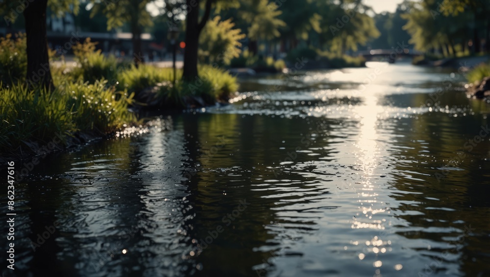Fototapeta premium Ecological park with river in urban area.