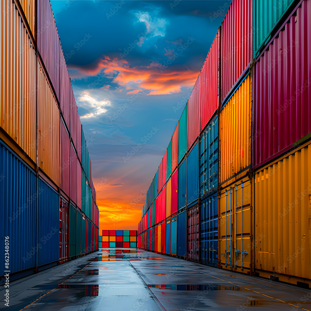 Fototapeta premium Colorful shipping containers stacked in a port with dramatic sunset skies, reflecting on the wet ground, creating a vibrant industrial scene.