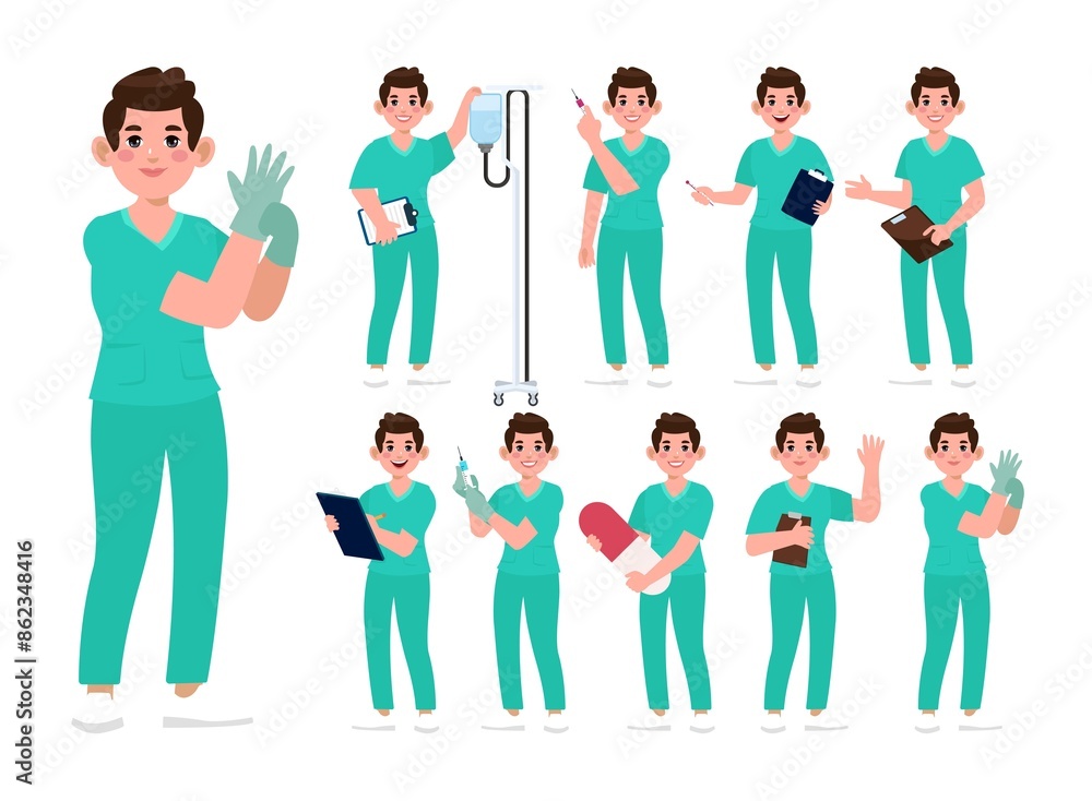 Fototapeta premium Set of Happy people in nurse uniform with different acting
