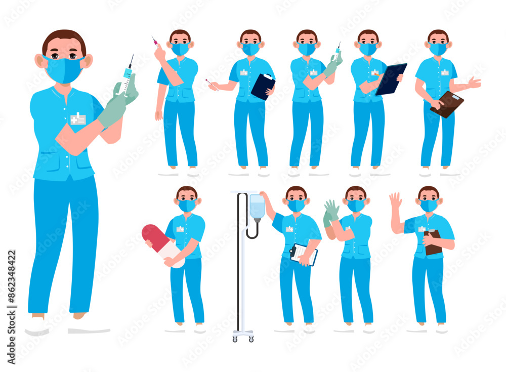 Set of Happy people in nurse uniform with different acting Set of Happy people in nurse uniform with different acting