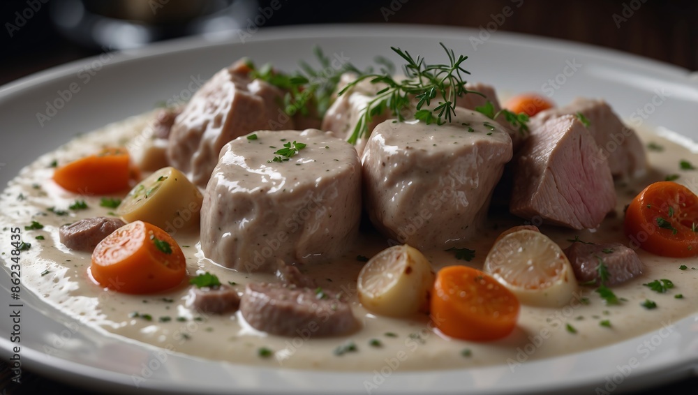 French style veal stew with white sauce called blanquette de veau. French style veal stew with white sauce called blanquette de veau.