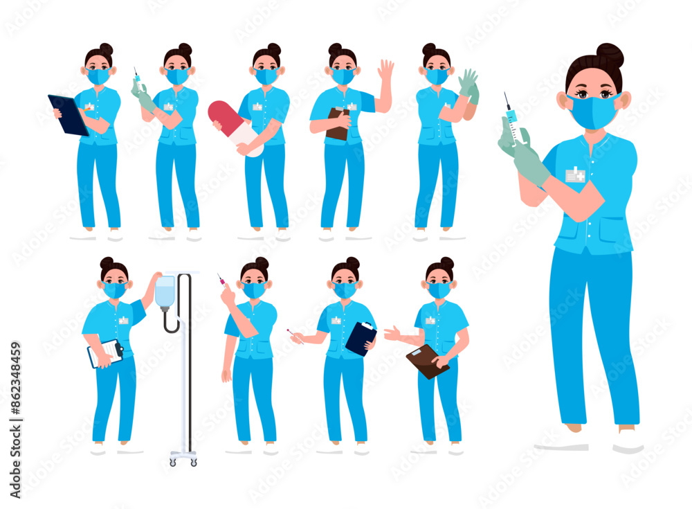 Set of Happy people in nurse uniform with different acting Set of Happy people in nurse uniform with different acting