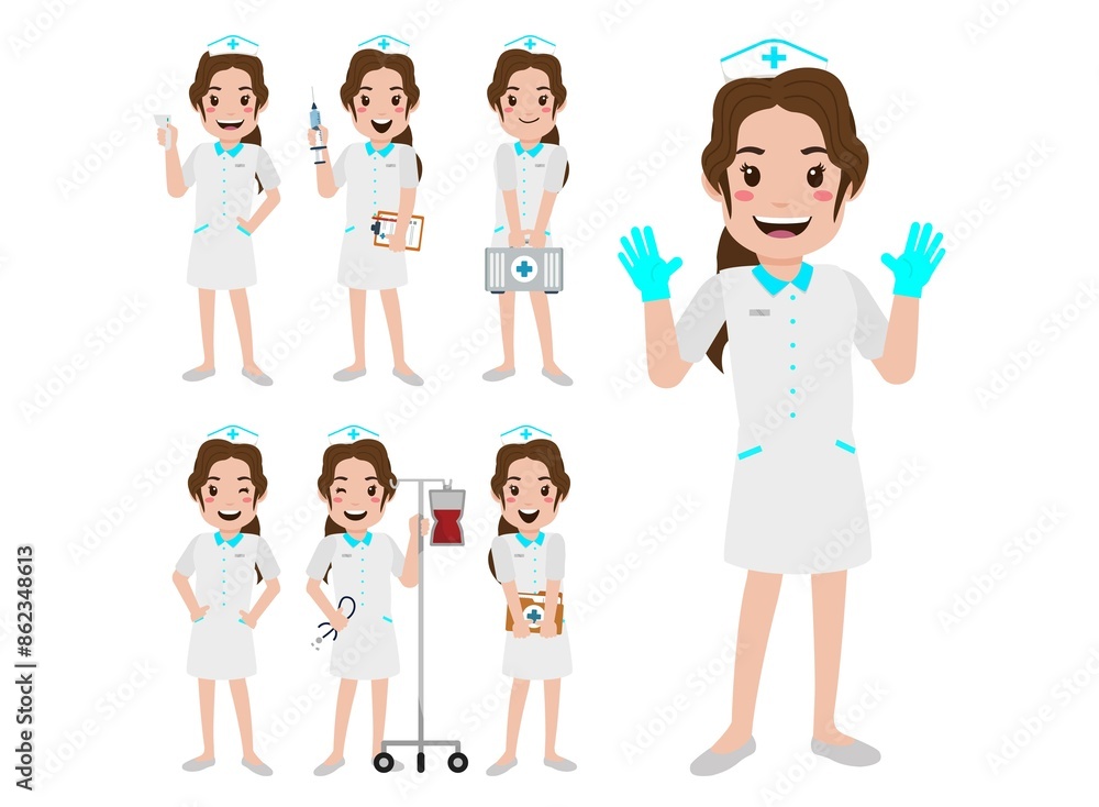 Set of Happy people in nurse uniform with different acting Set of Happy people in nurse uniform with different acting