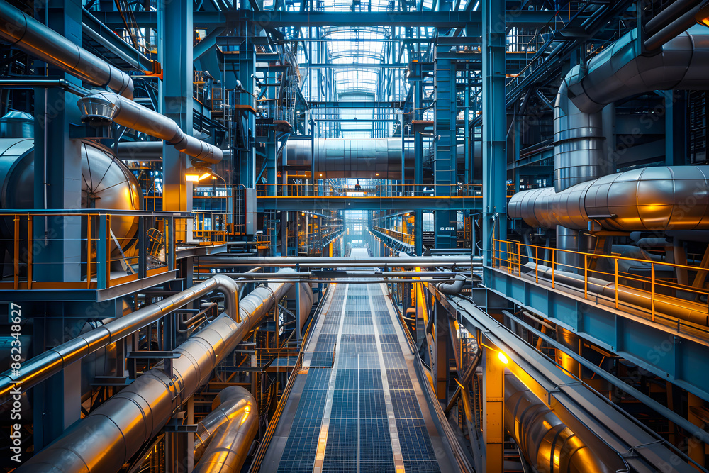 Interior of an industrial power plant with complex piping, metal structures, and a lone worker walking down the central pathway. Interior of an industrial power plant with complex piping, metal structures, and a lone worker walking down the central pathway.